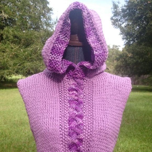 Hand Crafted Jackets & Blazers - Hand Crafted Knit Balaclava Hood Hoodie Purple Scarf Hand Made Cowl Essential